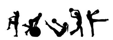 Siluet grubu, spor salonunu kullanarak pilates yapan zayıf, sportif bir kadın. Vücut geliştirme topunu kullanarak fiziksel egzersiz yapan kadın silueti koleksiyonu.. 
