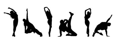 Siluet dans eden zayıf bir kadın grubu. Dans eden kadınların siluet koleksiyonu.