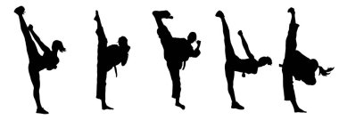 Siluet koleksiyonu, dövüş sanatları tekmesi atan bir kadın. Silüet kadın grubu tekme hareketi yapıyor..