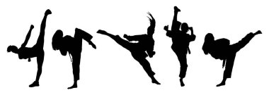 Siluet koleksiyonu, dövüş sanatları tekmesi atan bir kadın. Silüet kadın grubu tekme hareketi yapıyor..