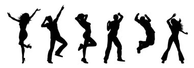 Mutlu ve anlamlı pozlar veren bir grup insan. Partide dans eden insanların siluet koleksiyonu