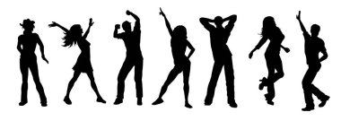 Mutlu ve anlamlı pozlar veren bir grup insan. Partide dans eden insanların siluet koleksiyonu