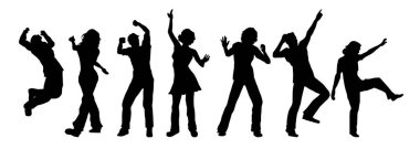 Mutlu ve anlamlı pozlar veren bir grup insan. Partide dans eden insanların siluet koleksiyonu