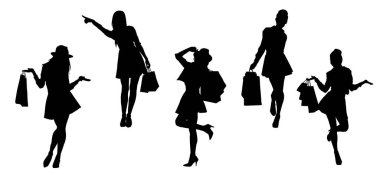 Genç bayanlardan oluşan siluet bir grup, alışveriş torbaları taşıyorlar.