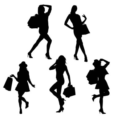 Genç bayanlardan oluşan siluet bir grup, alışveriş torbaları taşıyorlar.