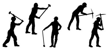 Kadın işçilerin silueti balta ve çekiç ile iş başında.