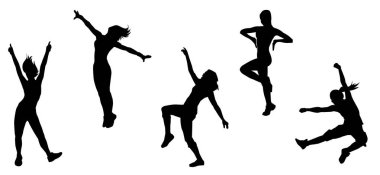 Siluet dans eden zayıf bir kadın grubu. Dans eden kadınların siluet koleksiyonu.