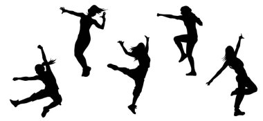 Siluet dans eden zayıf bir kadın grubu. Dans eden kadınların siluet koleksiyonu.