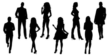 Çeşitli tarz ve pozlarla şehir insanlarından oluşan bir siluet grubu.