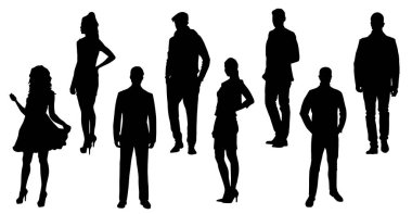 Çeşitli tarz ve pozlarla şehir insanlarından oluşan bir siluet grubu.