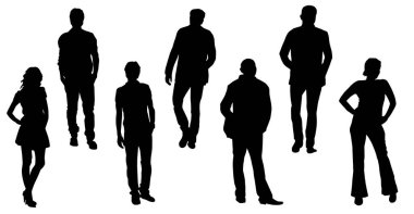 Çeşitli tarz ve pozlarla şehir insanlarından oluşan bir siluet grubu.