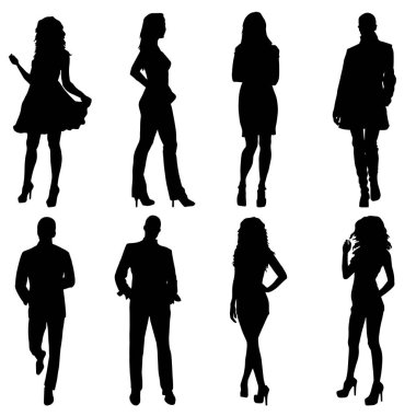 Çeşitli tarz ve pozlarla şehir insanlarından oluşan bir siluet grubu.