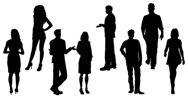 Силуэт группы городских людей с различным стилем и позой