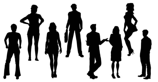 Силуэт группы городских людей с различным стилем и позой