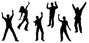 Siluet dans eden kadın ve erkek grupları. Disko partisinde dans eden insanların silueti.