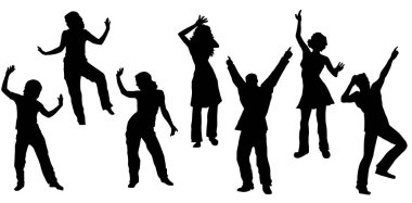 Siluet dans eden kadın ve erkek grupları. Disko partisinde dans eden insanların silueti.