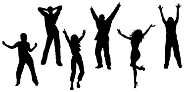 Siluet dans eden kadın ve erkek grupları. Disko partisinde dans eden insanların silueti.