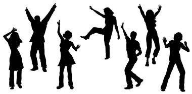 Siluet dans eden kadın ve erkek grupları. Disko partisinde dans eden insanların silueti.