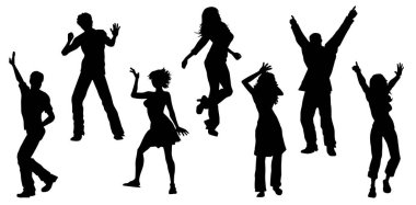 Siluet dans eden kadın ve erkek grupları. Disko partisinde dans eden insanların silueti.