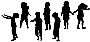 Çeşitli pozlarda erkek ve kız çocuklarının silueti..