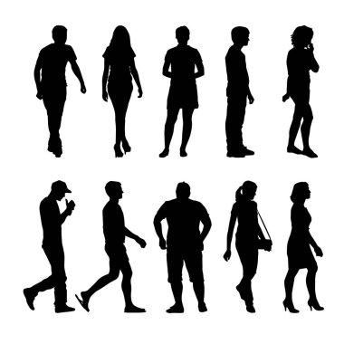 Siluet grubu çeşitli duruşlarda ve yürüyüş pozlarında.