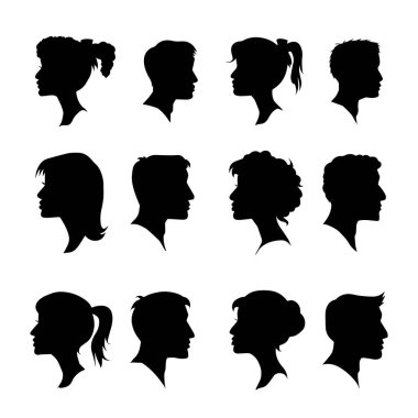 Çeşitli saç stilleri olan bazı insanların kafa profili silueti