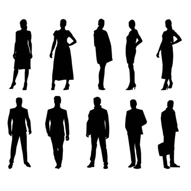 Bir grup siluet iş adamı. Ofis çalışanı kostümlü insanların silueti.