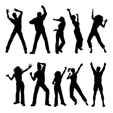 Siluet grubu, disko dansı yapan kadın ve erkek. 