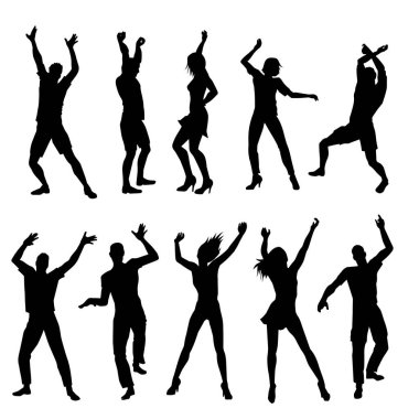 Siluet grubu, disko dansı yapan kadın ve erkek. 
