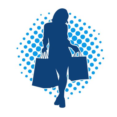 Sıska genç bir kadının silüeti alışveriş torbaları taşıyor..