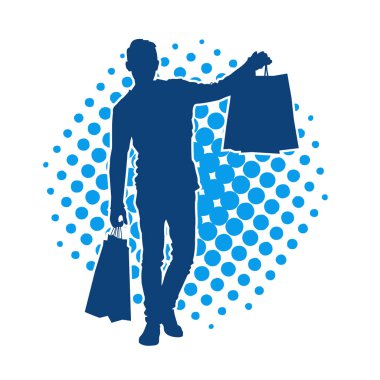 Alışveriş torbaları taşıyan sıradan bir adamın silüeti. Erkek alışveriş aktivitesinin silüeti