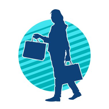 Sıska genç bir kadının silüeti alışveriş torbaları taşıyor..