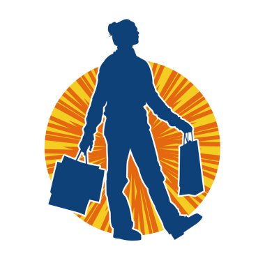 Sıska genç bir kadının silüeti alışveriş torbaları taşıyor..