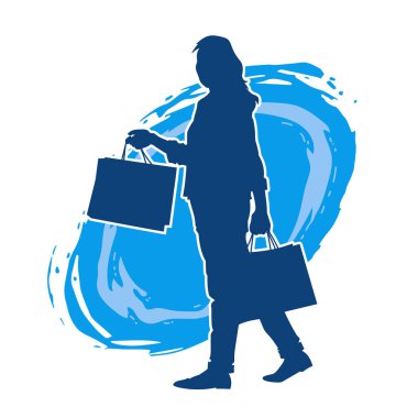 Sıska genç bir kadının silüeti alışveriş torbaları taşıyor..