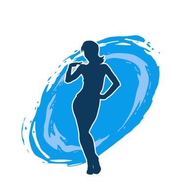 Dişi poziyonunda zayıf bir kadın modelinin silüeti. Çekici duruşu olan genç bir kadının silueti..