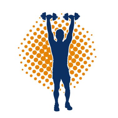 Dambıl kullanarak egzersiz yapan kaslı bir adamın silüeti.