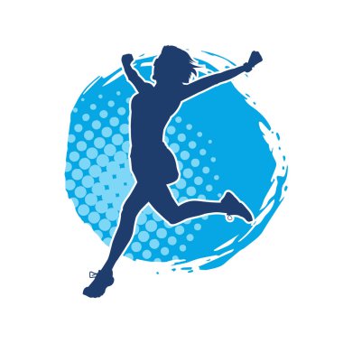 Koşarken elini kaldıran zayıf bir kadının silueti. Bir kadın koşucunun silueti bitiş çizgisine yaklaşıyor.