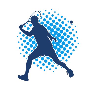 Hareketli bir erkek tenisçinin silueti. Raketle tenis oynayan bir adamın silueti..