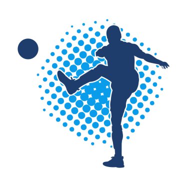 Top tekmeleyen bir erkek futbolcunun silueti. Hareket halindeki bir futbolcunun silueti.