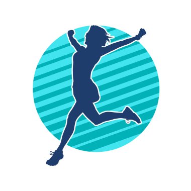 Koşarken elini kaldıran zayıf bir kadının silueti. Bir kadın koşucunun silueti bitiş çizgisine yaklaşıyor.