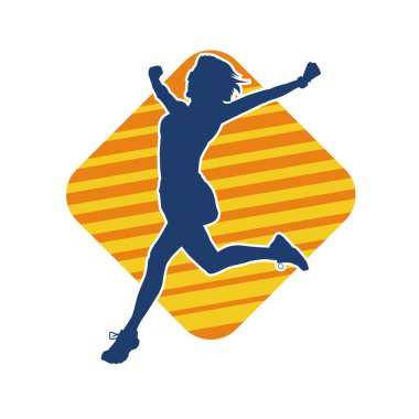 Koşarken elini kaldıran zayıf bir kadının silueti. Bir kadın koşucunun silueti bitiş çizgisine yaklaşıyor.