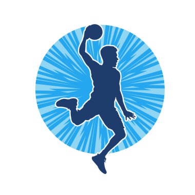 Hareketli bir erkek basketbolcunun silueti. Basketbol oynayan bir adamın silüeti..