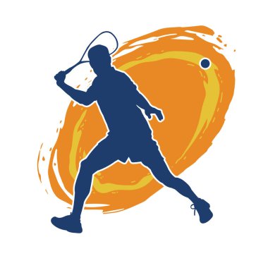 Hareketli bir erkek tenisçinin silueti. Raketle tenis oynayan bir adamın silueti..