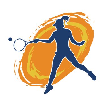 Hareketli bir bayan tenisçinin silueti. Raketle tenis oynayan bir kadının silueti..