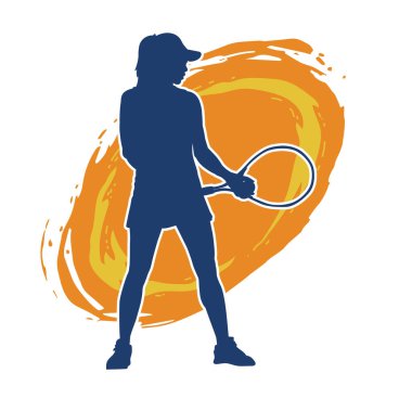 Hareketli bir bayan tenisçinin silueti. Raketle tenis oynayan bir kadının silueti..