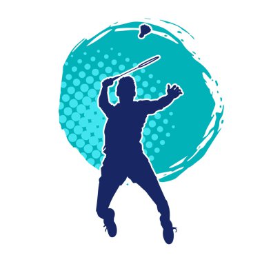 Badminton sporu yapan zayıf bir erkek atletin silueti. Badminton oynayan bir adamın silueti..