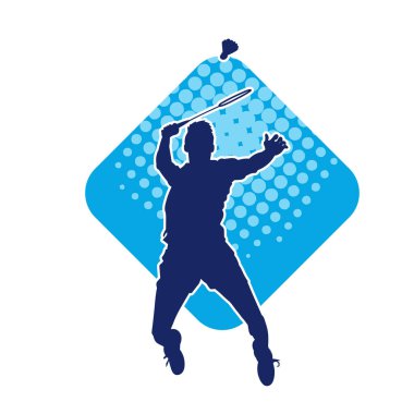 Badminton sporu yapan zayıf bir erkek atletin silueti. Badminton oynayan bir adamın silueti..