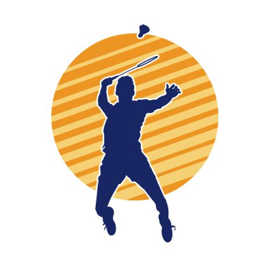 Badminton sporu yapan zayıf bir erkek atletin silueti. Badminton oynayan bir adamın silueti..