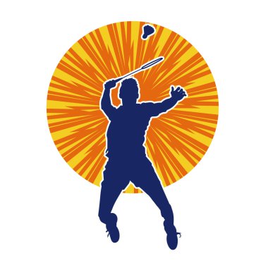 Badminton sporu yapan zayıf bir erkek atletin silueti. Badminton oynayan bir adamın silueti..