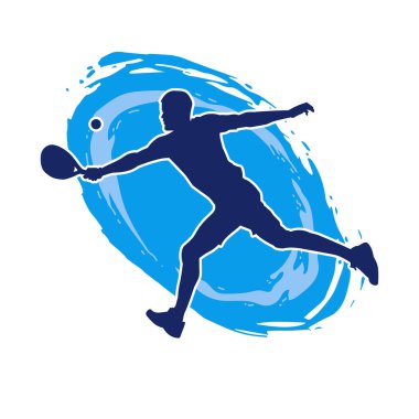 Hareketli bir erkek tenisçinin silueti. Raketle tenis oynayan bir adamın silueti..